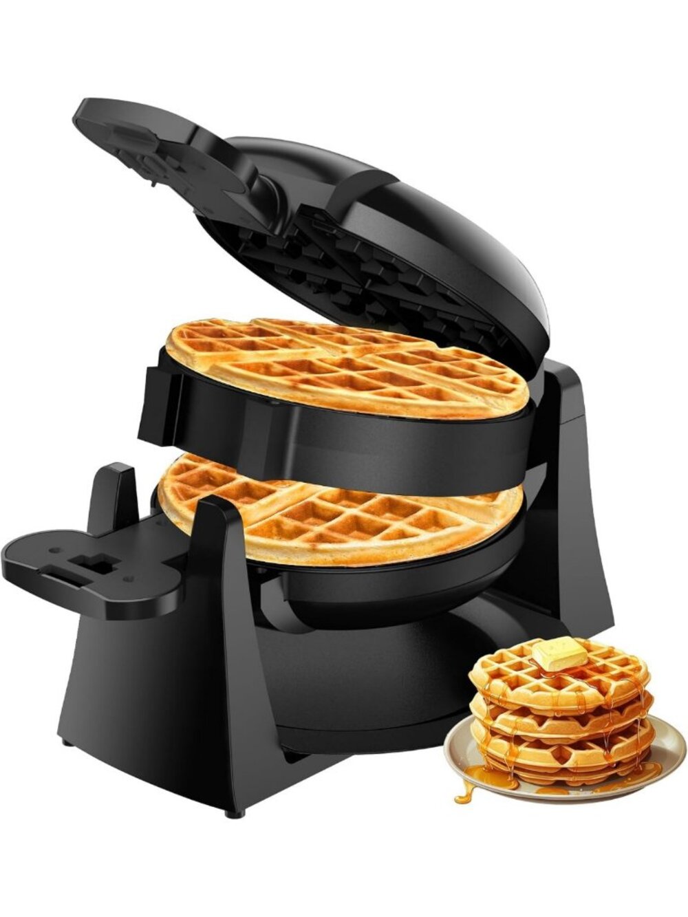 1400W Double Belgian Waffle Maker - Rotating, Nonstick, Easy Clean, 8 Slices